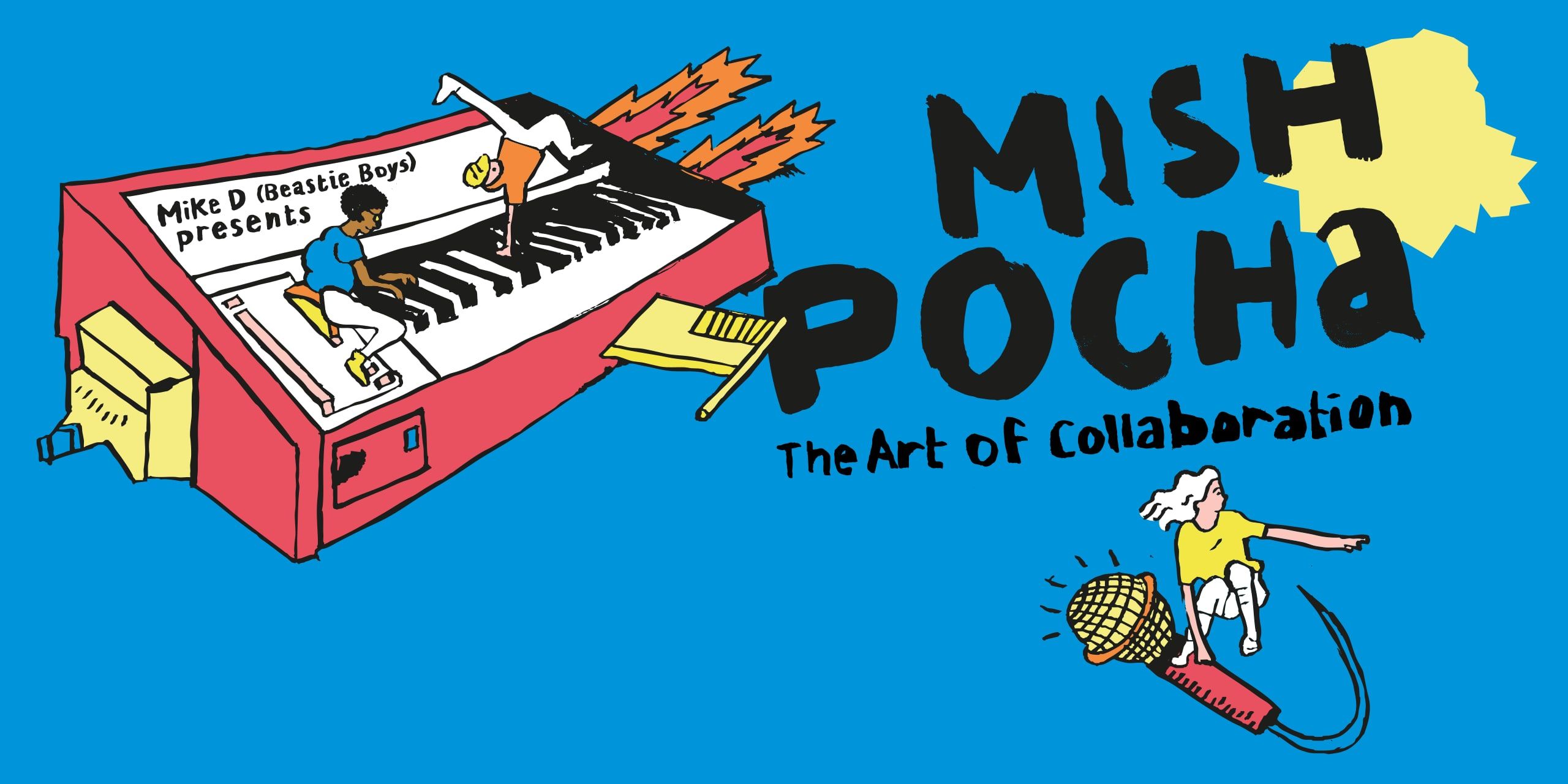 Illustration: der Schriftzug Mishpocha, The Art of Collaboration, über einem überdimensionalen Keyboard, auf dem Figuren spielen und tanzen.